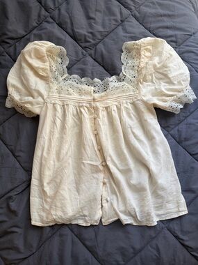 Reformation Cream Eyelet Lace Puff Sleeve Blouse